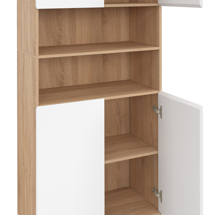 Meuble colonne salle de bain TOMI 4 portes 2 niches façon hêtre et blanc