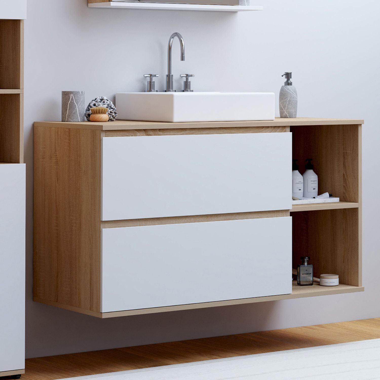 Meuble sous vasque suspendu salle de bain 2 tiroirs et 2 niches façon hêtre et blanc