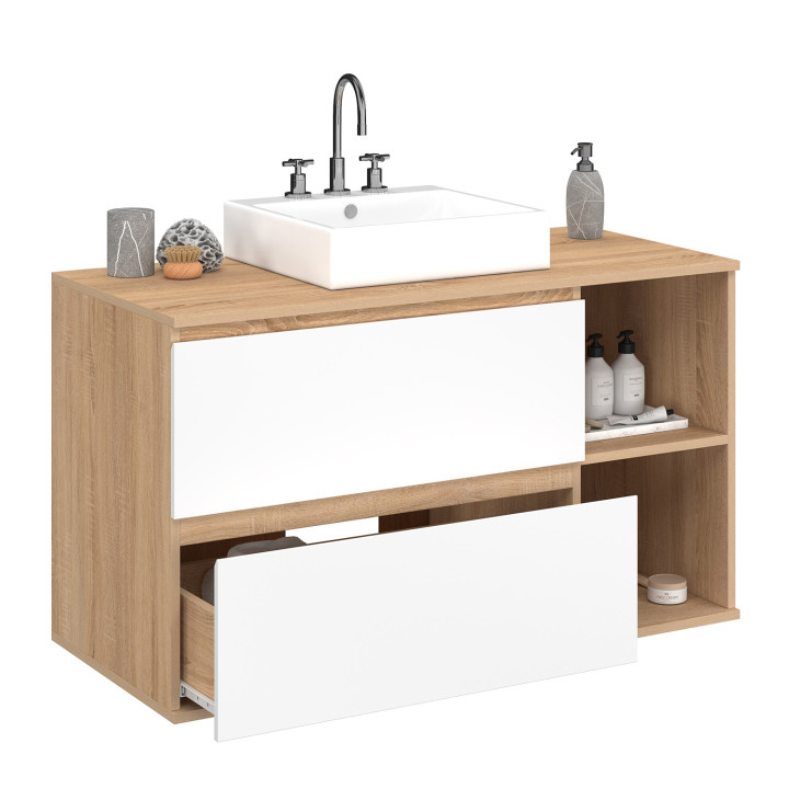 Mobile bagno sospeso TOMI con 2 cassetti e 2 nicchie, finitura faggio e bianco