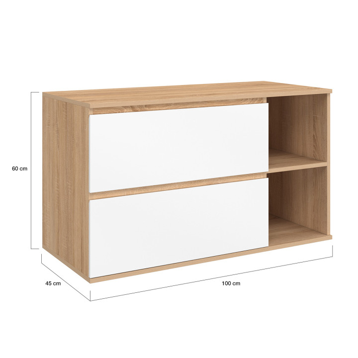 Mueble de baño colgante con 2 cajones y 2 huecos en haya y blanco - TOMI | IdMarket