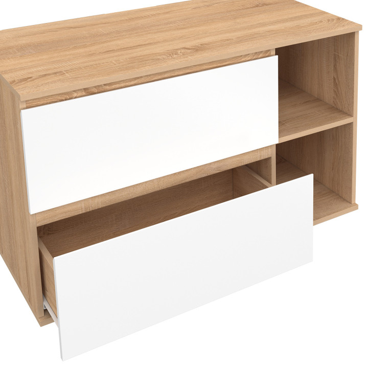 Mobile bagno sospeso TOMI con 2 cassetti e 2 nicchie, finitura faggio e bianco