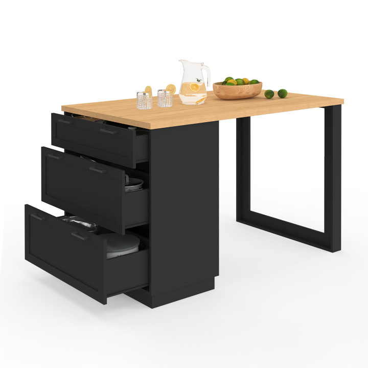 Mesa de isla central para 4 personas 130 cm con 3 cajones negros y tablero de madera - VITO | IdMarket