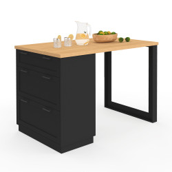 Ilot central mange-debout 4 personnes VITO 130 cm casserolier 3 tiroirs noir et plateau bois