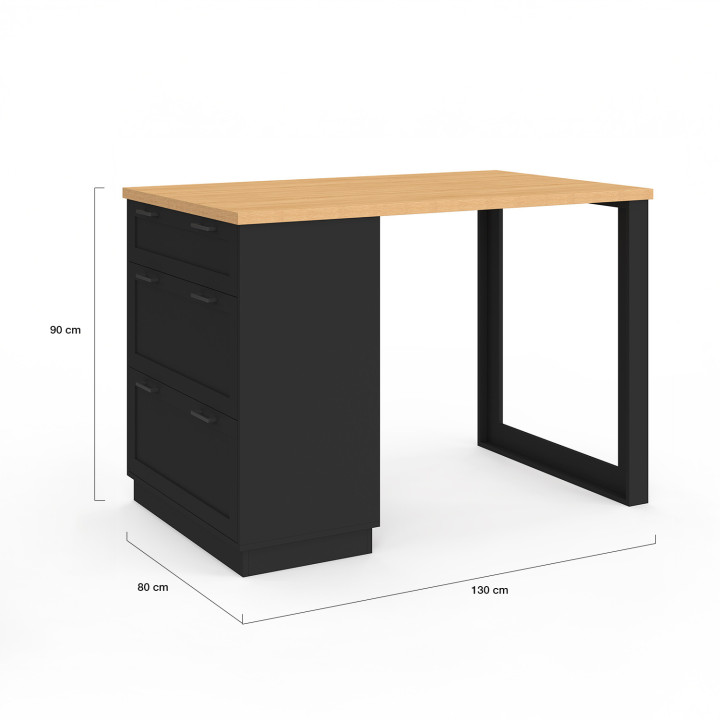 Mesa de isla central para 4 personas 130 cm con 3 cajones negros y tablero de madera - VITO | IdMarket