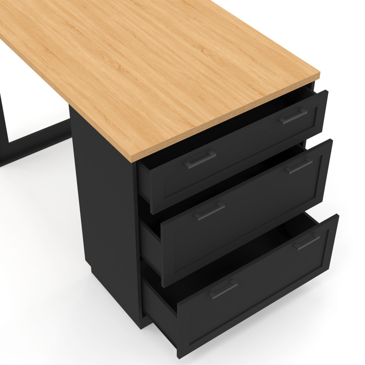 Mesa de isla central para 4 personas 130 cm con 3 cajones negros y tablero de madera - VITO | IdMarket