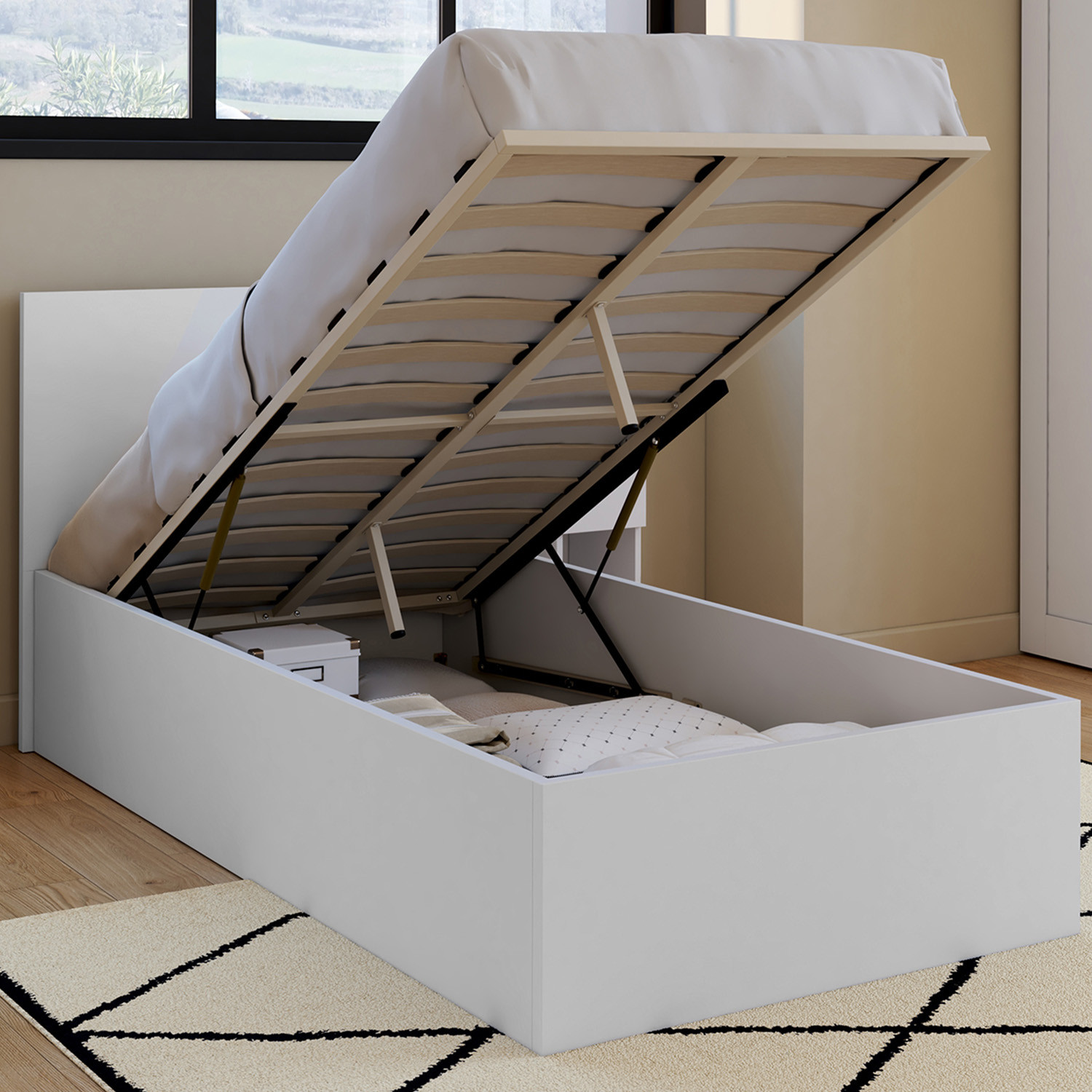 Lit coffre simple avec tête de lit et sommier 90 x 190 cm blanc