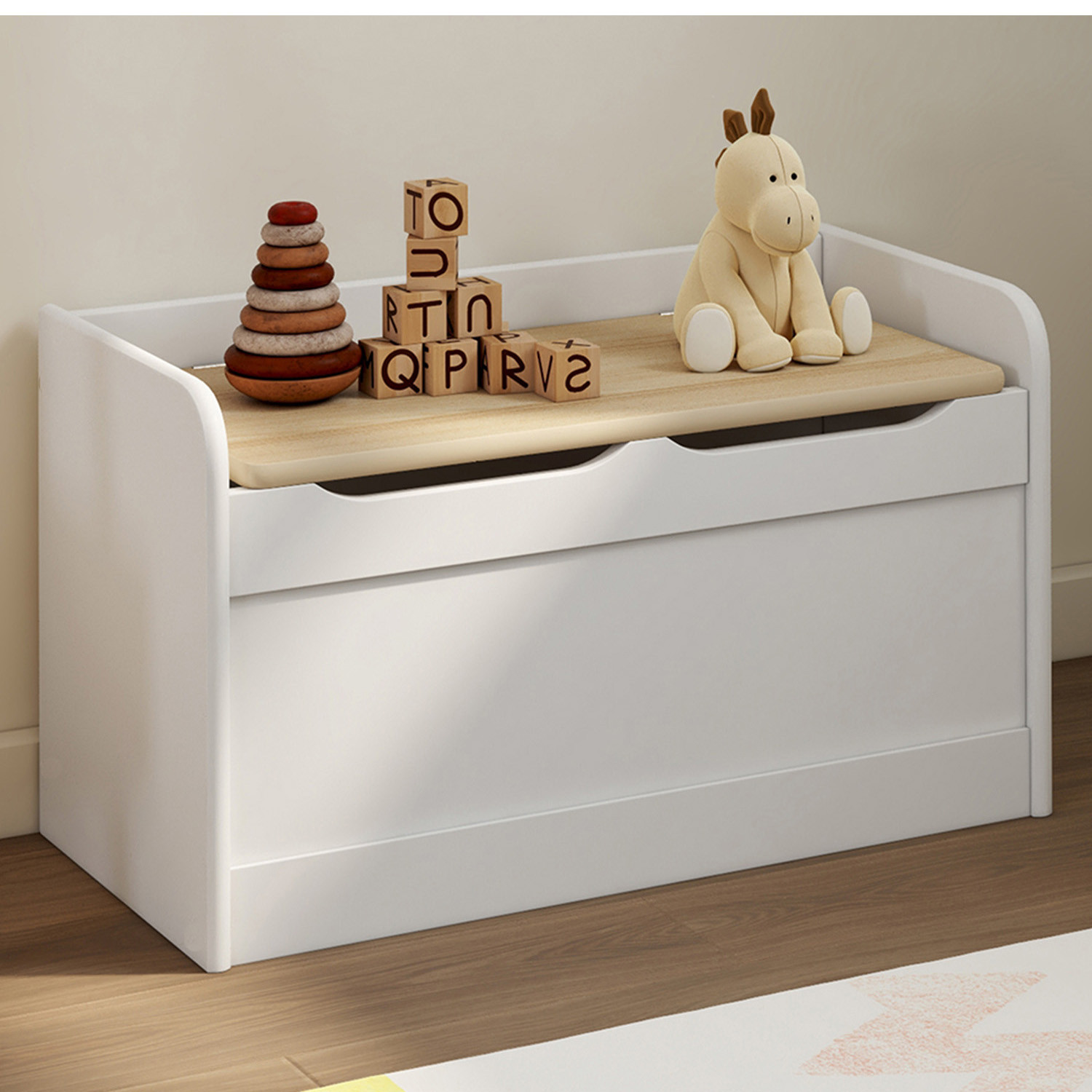 Banc coffre de rangement enfant 60 cm en bois blanc et hêtre