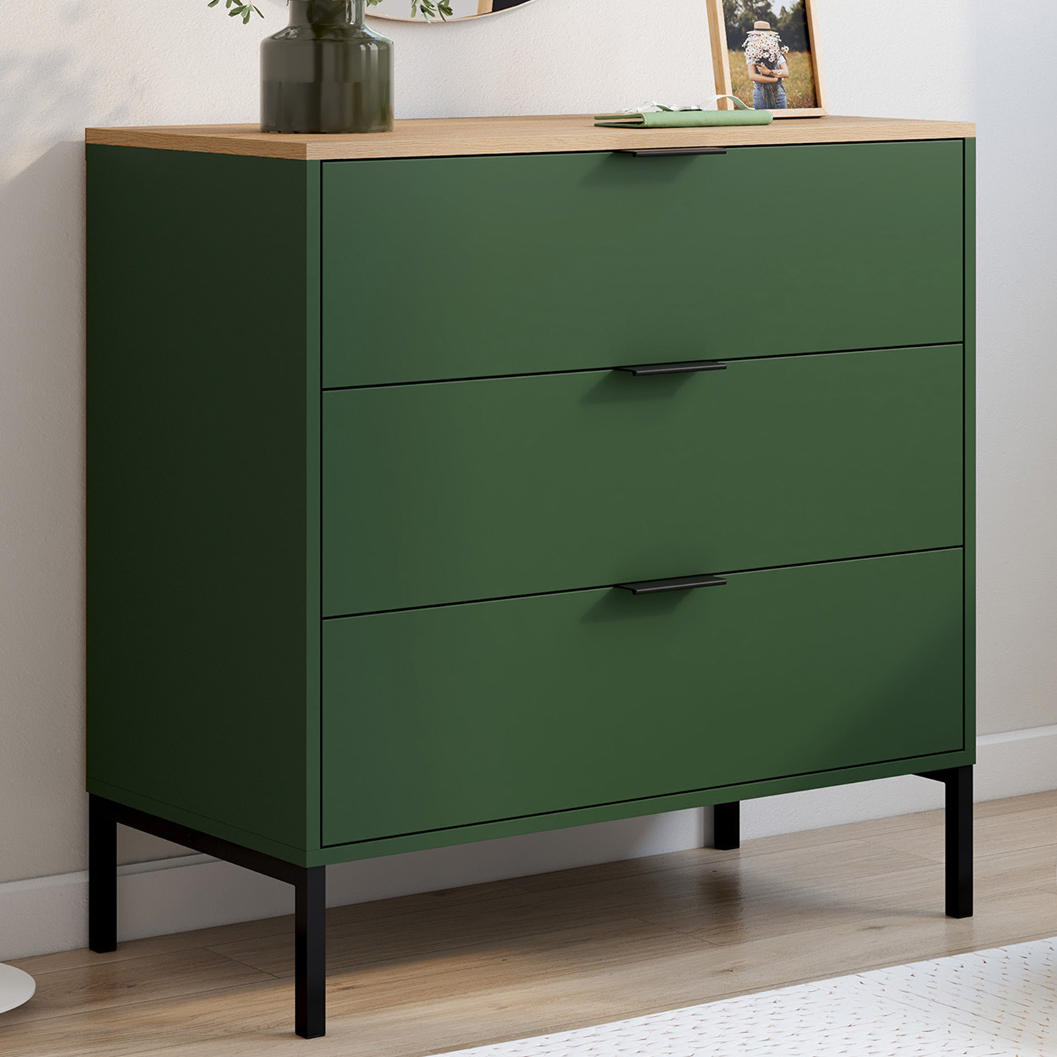 Commode 3 tiroirs 80 cm vert kaki et plateau bois