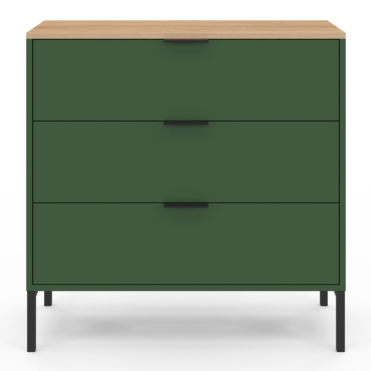 Commode 3 Tiroirs KELIA – 80 Cm – Vert Kaki Avec Plateau Bois – Pieds Métal Noir – Rangement Spacieux – Style Industriel Moderne