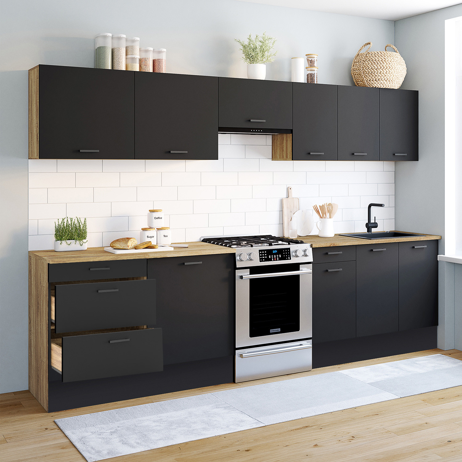 Cuisine complète bois et noir avec casserolier et plan de travail 9 éléments