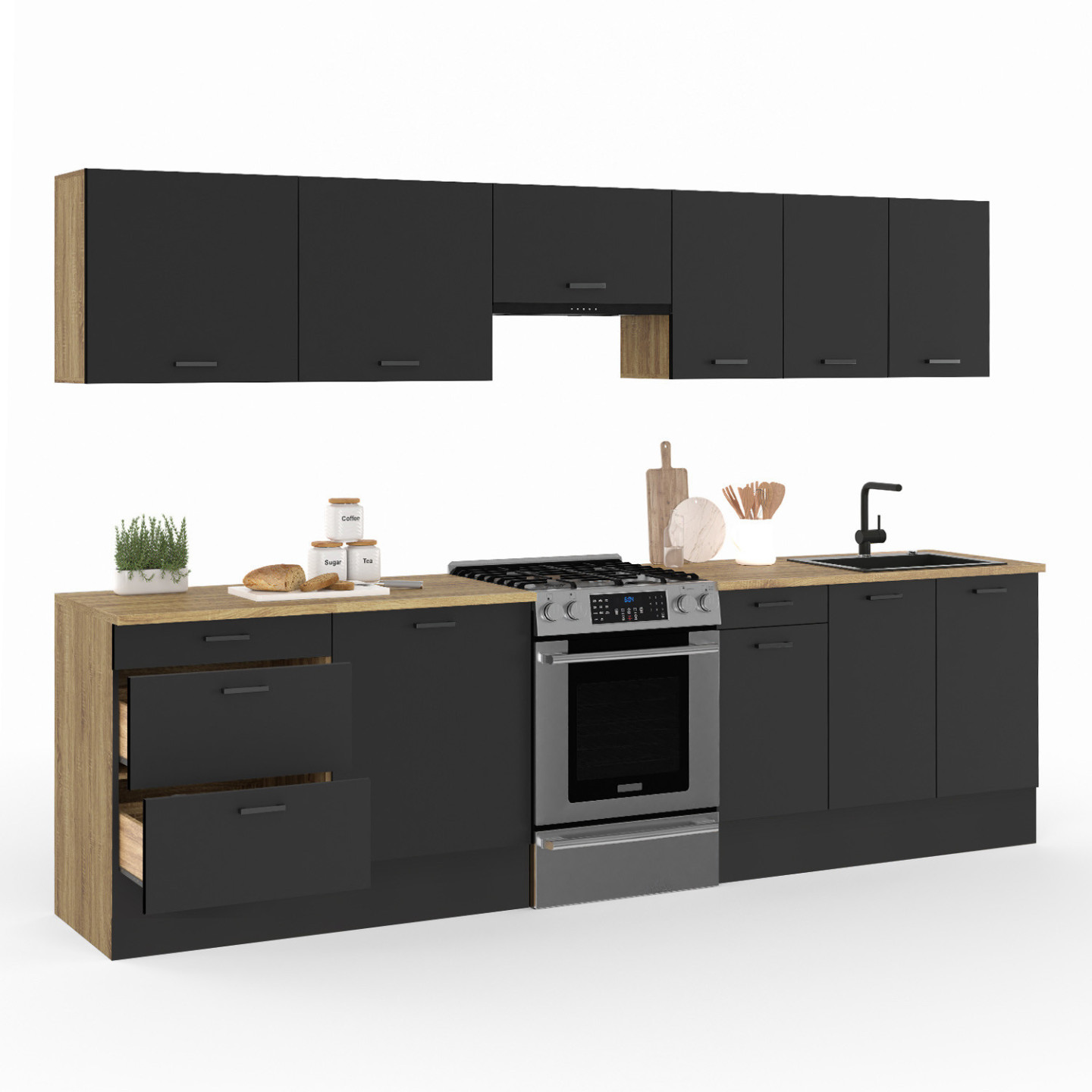 Komplette Küche mit Frontauszug und Arbeitsplatte aus Holz und Schwarz - SUBTIL