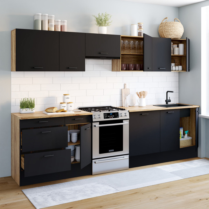 Cocina completa con cacerola y encimera de madera y negra - SUBTIL |ID Market