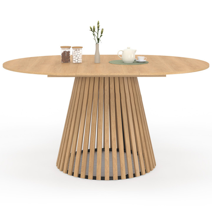 Mesa de comedor redonda extensible para 4-8 personas con patas de listones de madera y tablero de madera de 150cm - CARMEN | IdM