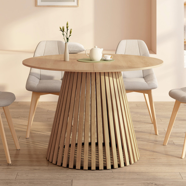 Mesa de comedor redonda extensible para 4-8 personas con patas de listones de madera y tablero de madera de 150cm - CARMEN | IdM