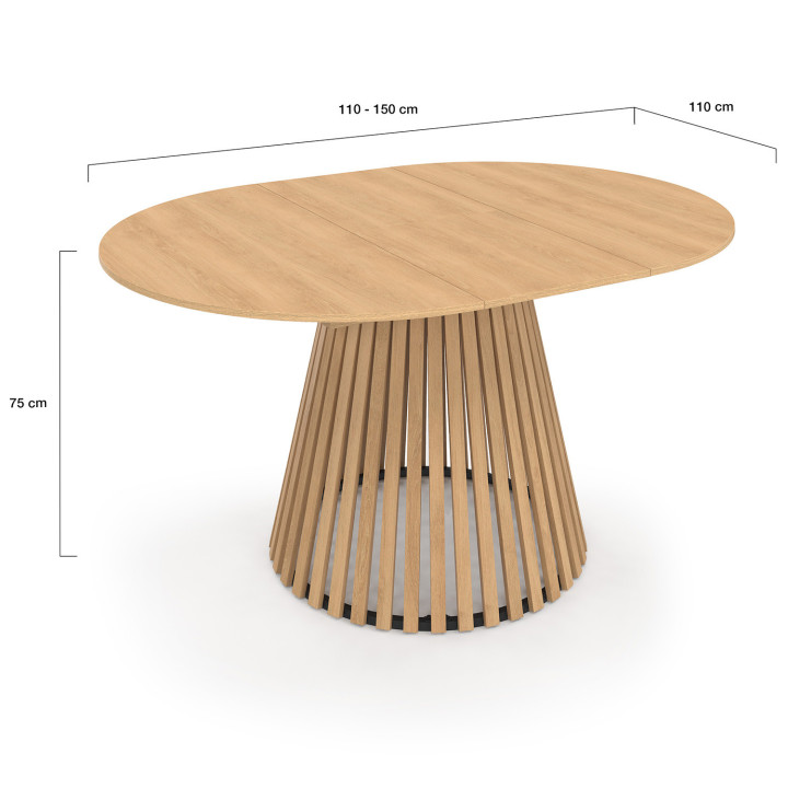 Mesa de comedor redonda extensible para 4-8 personas con patas de listones de madera y tablero de madera de 150cm - CARMEN | IdM