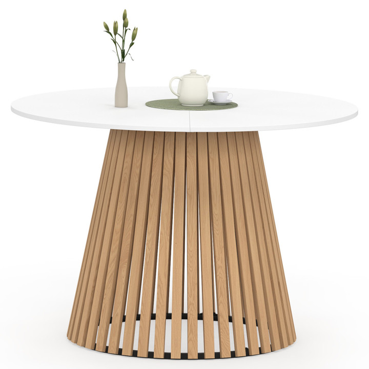 Runder Esstisch für 6 Personen Holzfuß aus Latten und weiße Holzplatte 110 cm - CARMEN | IdMarket