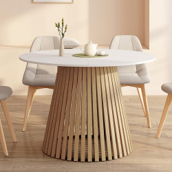 Mesa de comedor redonda para 6 con patas de listones de madera y tablero de madera blanca 110 cm - CARMEN | IdMarket
