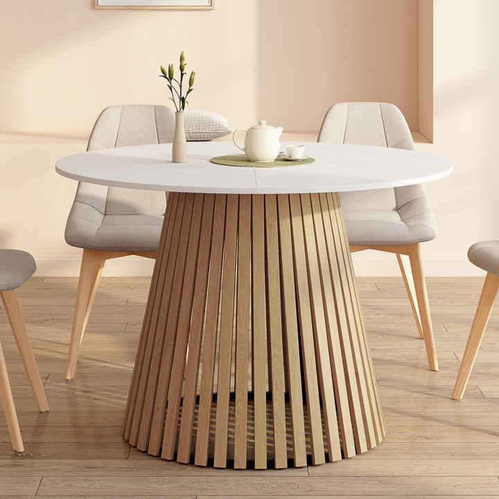 Mesa de comedor redonda para 6 con patas de listones de madera y tablero de madera blanca 110 cm - CARMEN | IdMarket