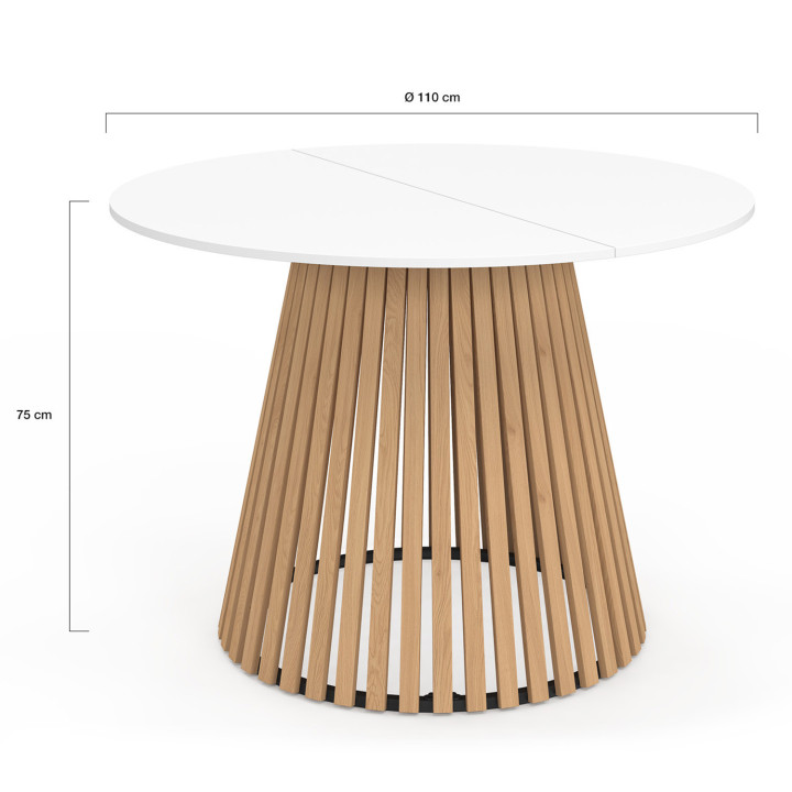 Mesa de comedor redonda para 6 con patas de listones de madera y tablero de madera blanca 110 cm - CARMEN | IdMarket