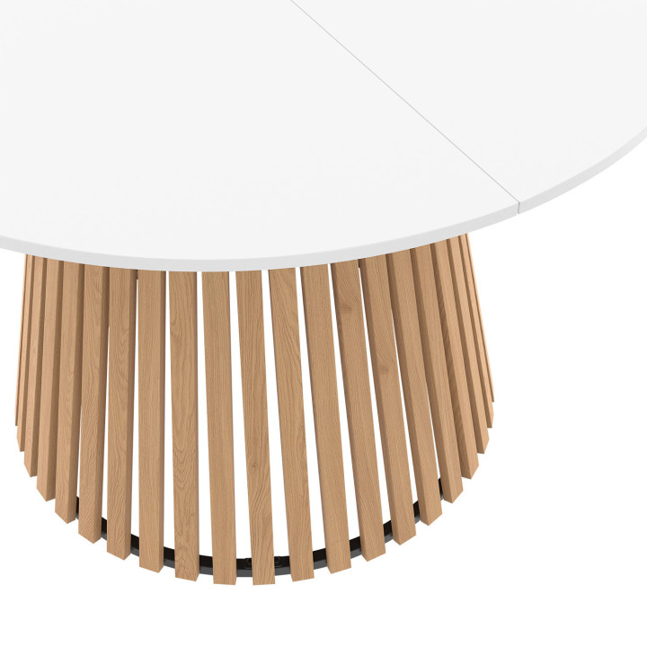 Mesa de comedor redonda para 6 con patas de listones de madera y tablero de madera blanca 110 cm - CARMEN | IdMarket