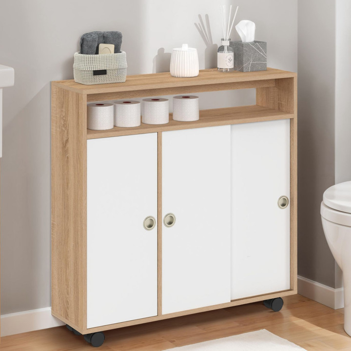 Mueble auxiliar de baño con ruedas, estructura de haya, encimera blanca - TOMI | IdMarket
