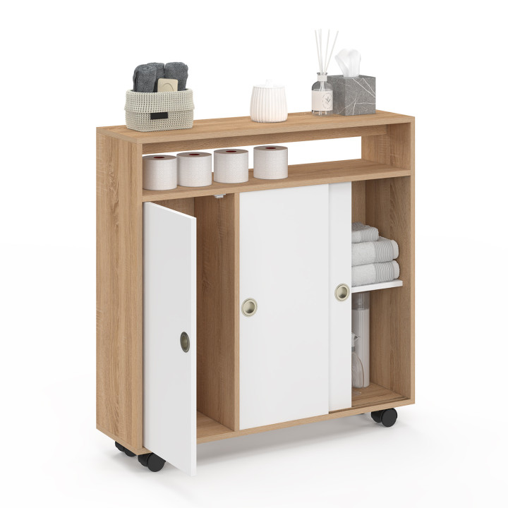 Armoire d'appoint meuble de rangement à roulettes salle de bain TOMI structure hêtre plateau blanc