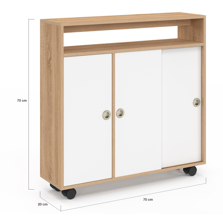 TOMI mobile laterale con rotelle per bagno struttura in faggio piano bianco