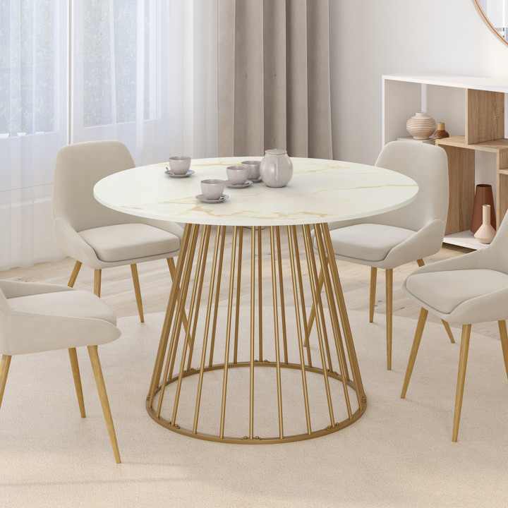 Mesa de comedor redonda para 6 personas con base de alambre de latón y tablero efecto mármol blanco 110 cm - ALASKA | IdMarket