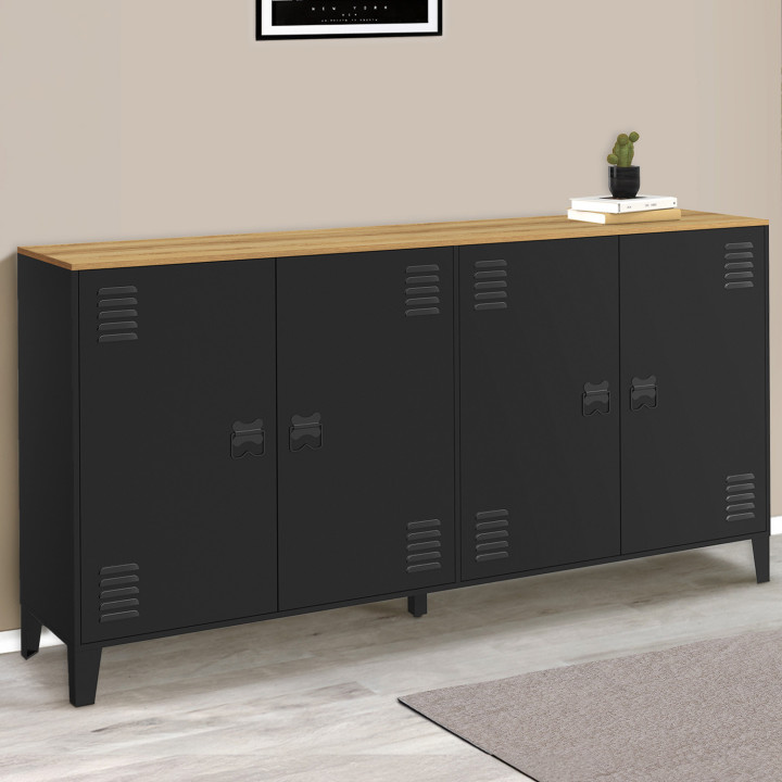 Buffet 160cm ESTER 4 portes en métal noir plateau bois design industriel