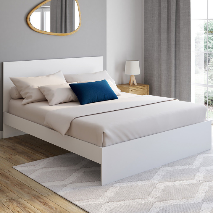 Cama doble con cabecero y somier 160 x 200 cm blanco - OMAHA | IdMarket
