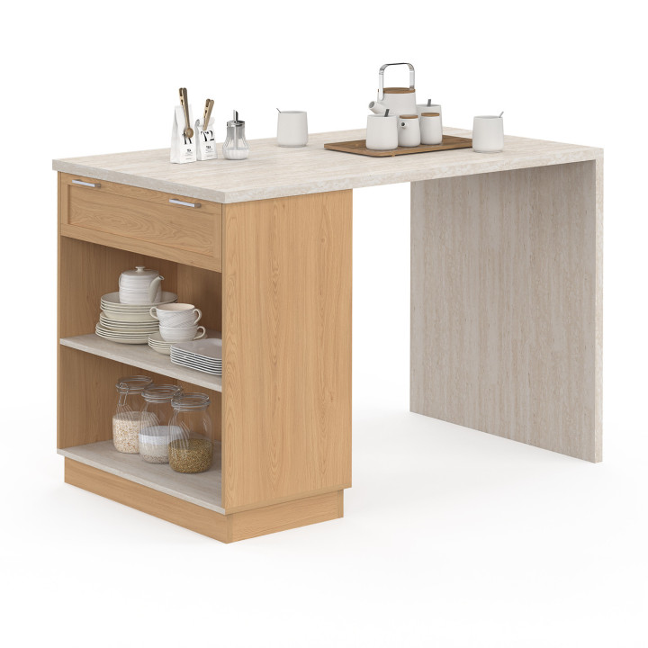 Mittelinsel mit Stehtisch für 4 Personen VITO 130 cm Holz und Platte mit Travertin-Effekt