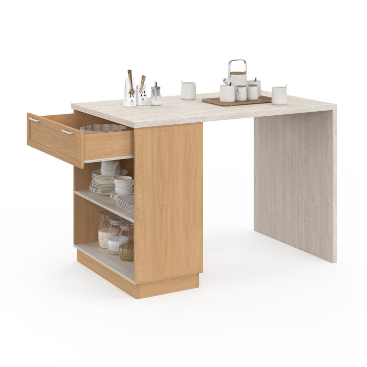 Mesa isla central 4 personas 130 cm tapa efecto madera y travertino - VITO | IdMarket