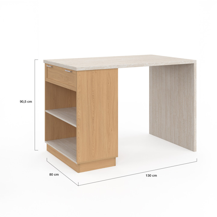 Ilot central mange-debout 4 personnes VITO 130 cm bois et plateau effet travertin