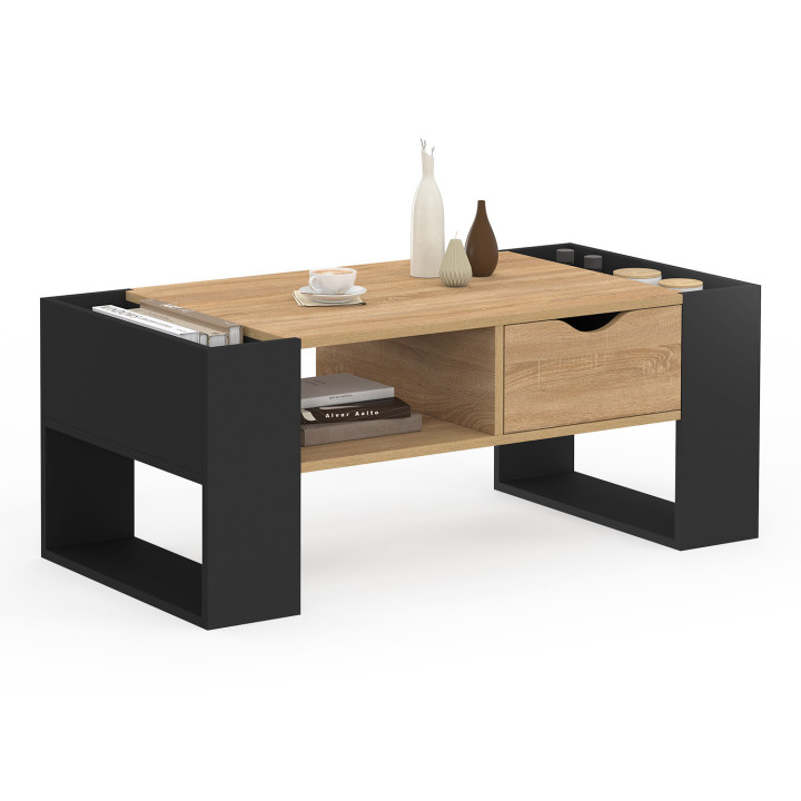 Table basse rectangulaire BERYL avec tiroir bois noir et façon hêtre
