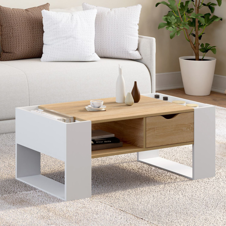 Table basse rectangulaire BERYL avec tiroir bois blanc et façon hêtre