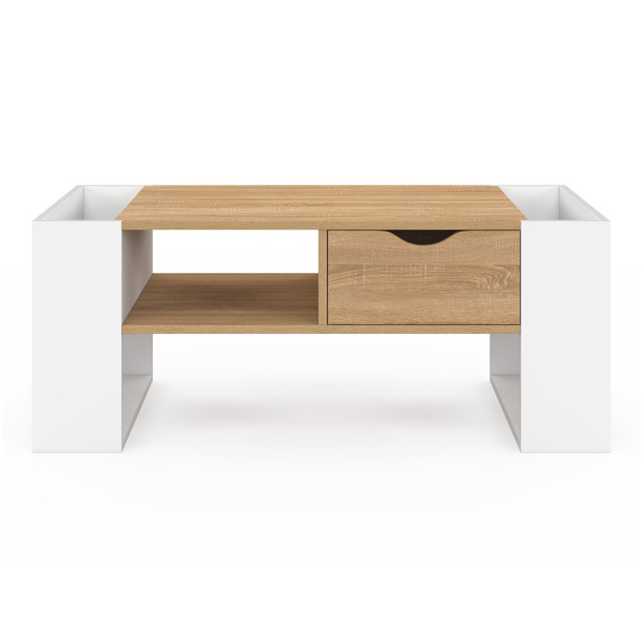 Rechteckiger Couchtisch BERYL mit Schublade aus weißem Holz und Buchenholzoptik