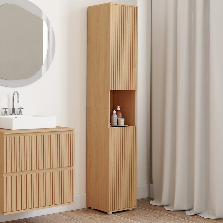 Mueble de baño de 2 puertas y 1 hueco efecto lamas - VICTOR | IdMarket