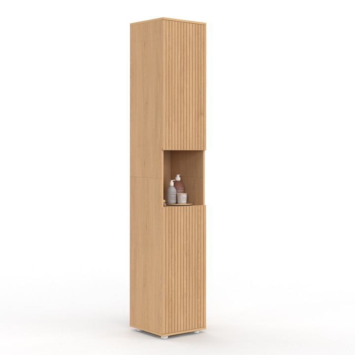 Meuble colonne salle de bain VICTOR 2 portes 1 niche effet lattes