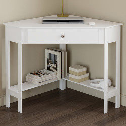 Bureau d'angle REMI blanc gain de place bureau informatique avec rangements et 1 tiroir