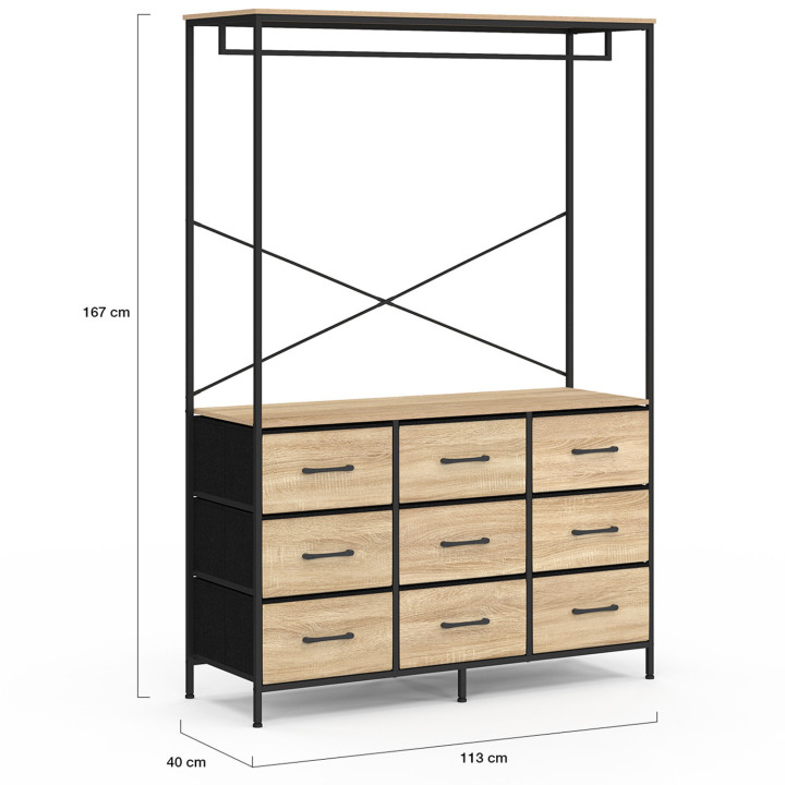 Armario vestidor L. 115 cm con 9 cajones en madera y tela negra - UTAH | IdMarket