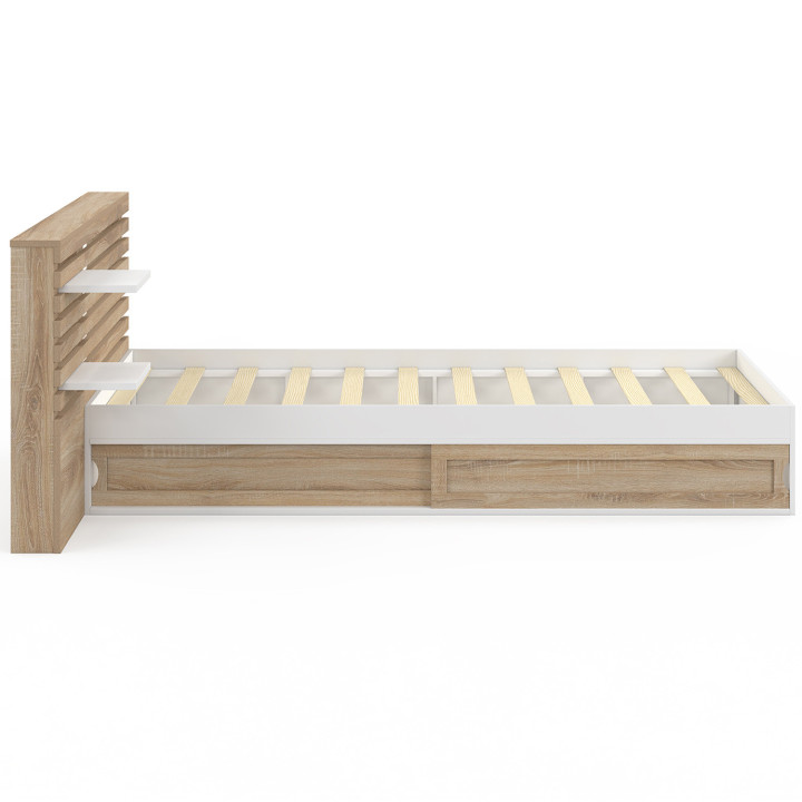 Cama individual y somier de 90x190cm con cabecero de madera de haya y almacenaje - SAVANA | IdMarket