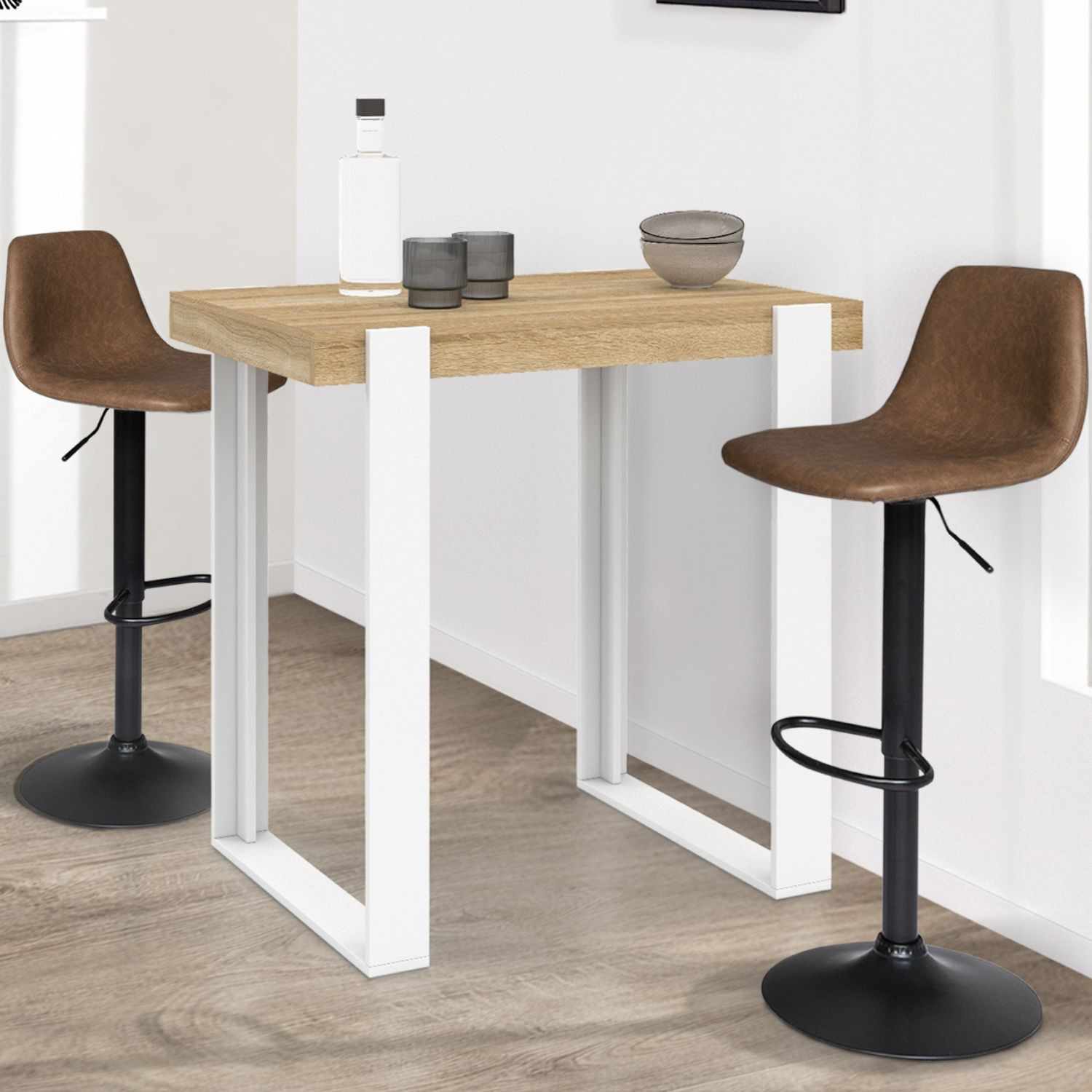 Table haute mange-debout blanc et bois 90 cm