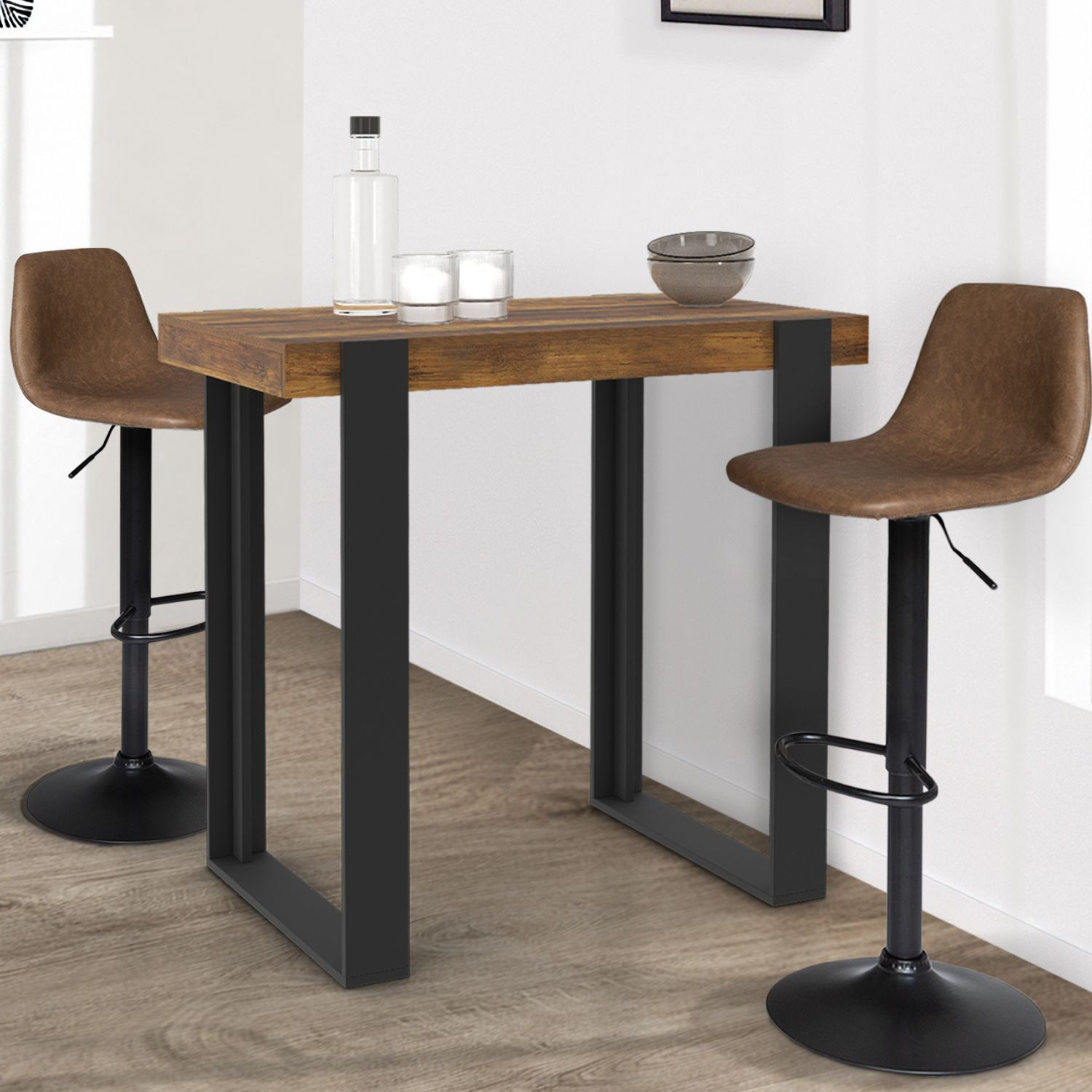 Table haute de bar bois foncé effet vieilli et noir 90 cm