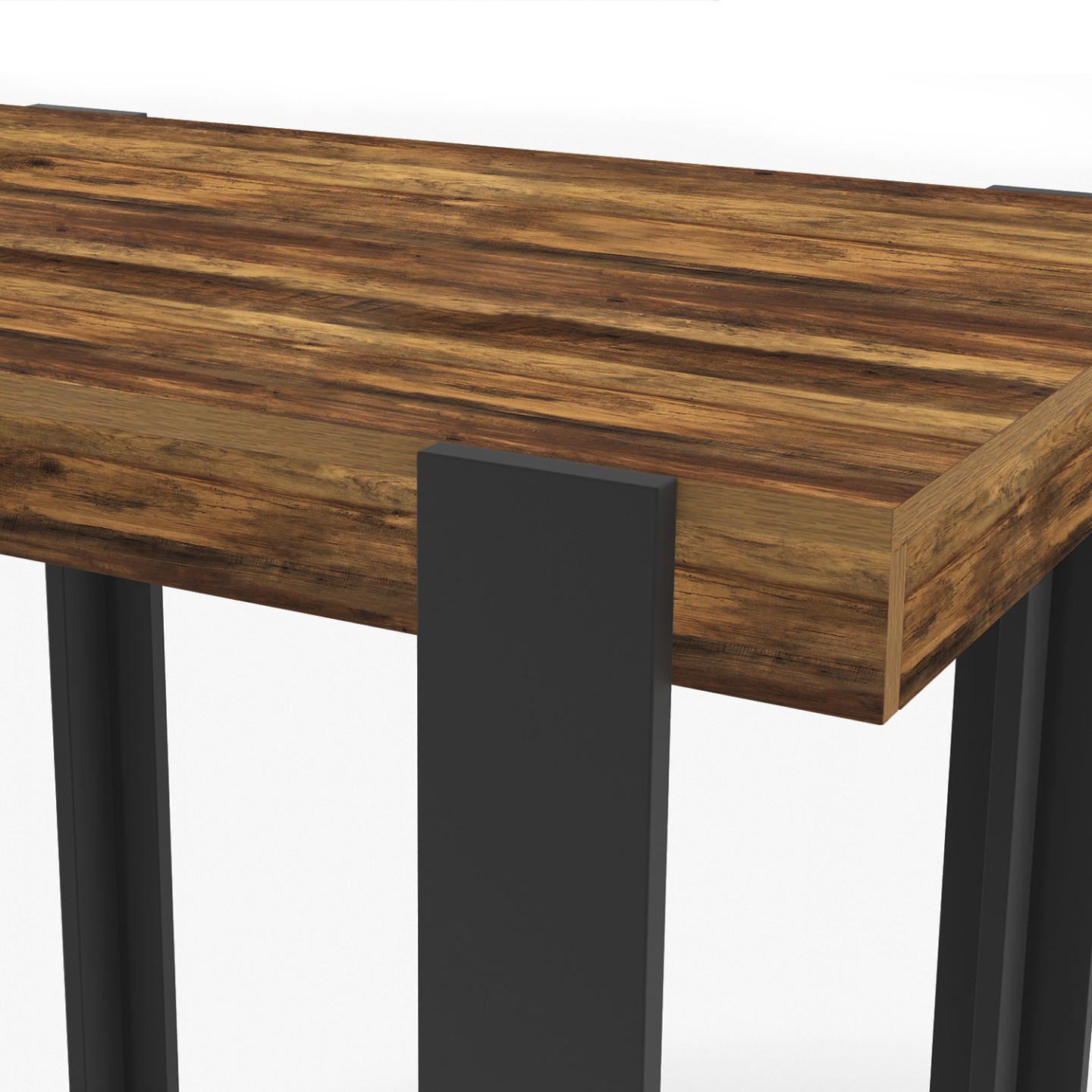 Table Haute De Bar PHOENIX - 90 Cm De Long, Plateau Bois Foncé Vieilli, Pieds Noirs - Style Vintage, Pour 2 Personnes