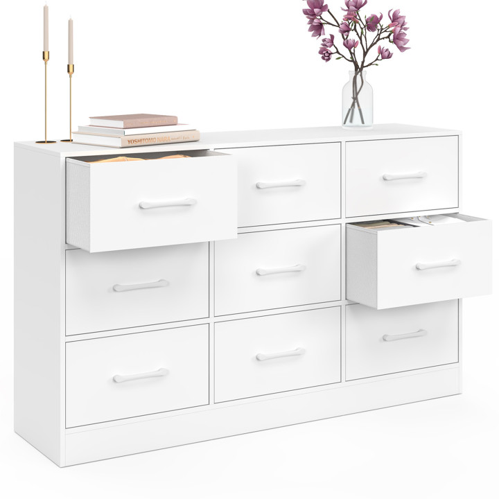 Commode 9 tiroirs en tissu UPPAH 113 cm meuble de rangement bois blanc