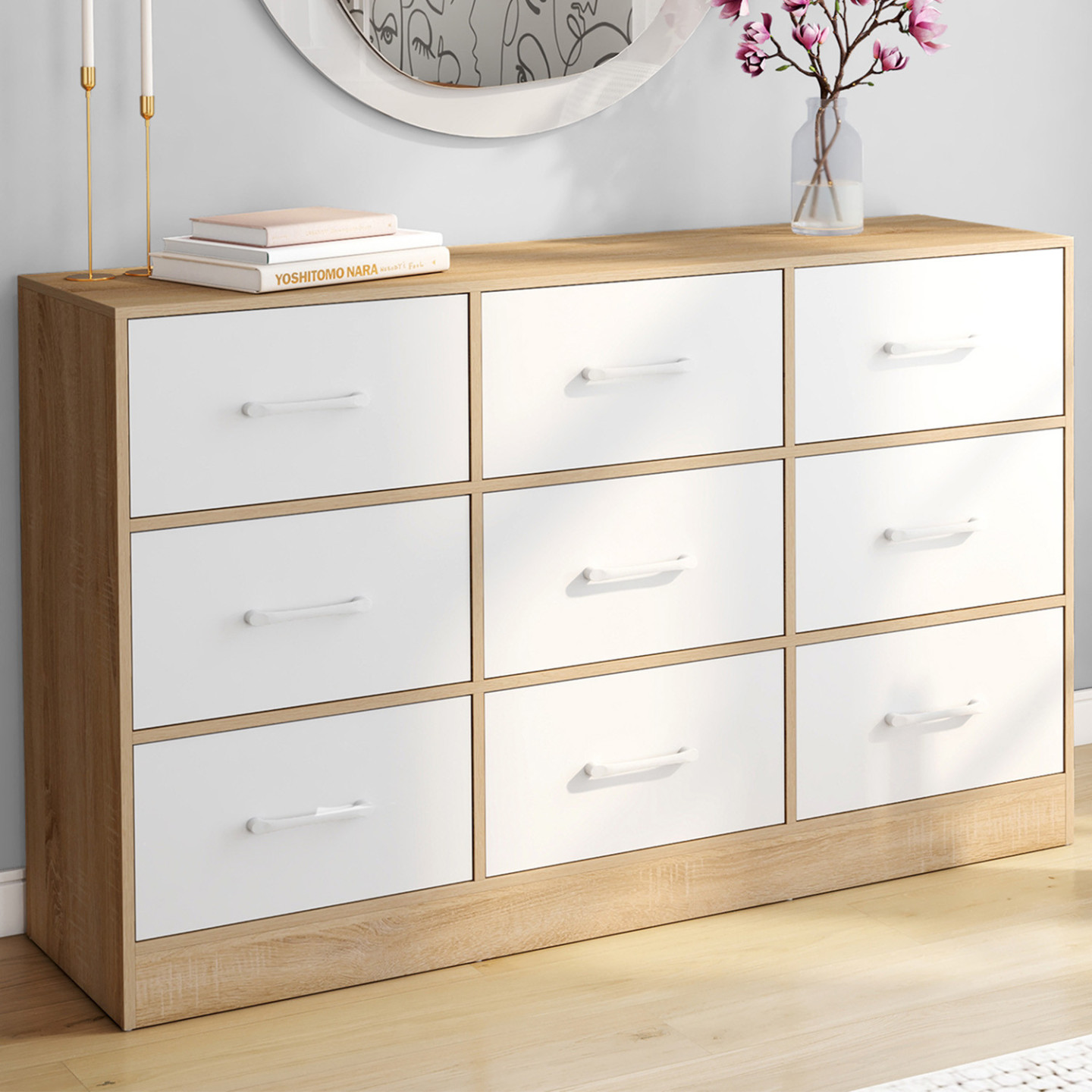 Kommode mit 9 Schubladen aus Stoff 113 cm Aufbewahrungsmbel aus Holz in  Buchenoptik und wei - UPPAH | IdMarket