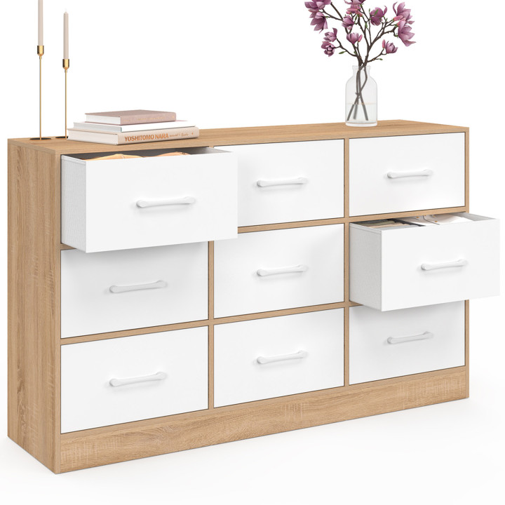 Opbergkast UPPAH 113 cm beukenhout en wit met 9 lades