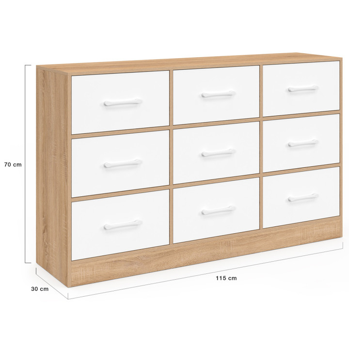 Opbergkast UPPAH 113 cm beukenhout en wit met 9 lades