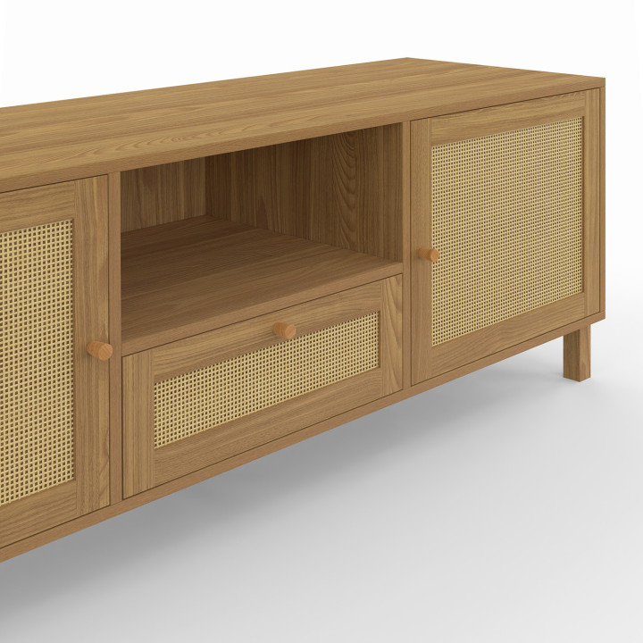 Mueble de TV vintage de 3 puertas de 140 cm con efecto de caña natural - HANAE | IdMarket
