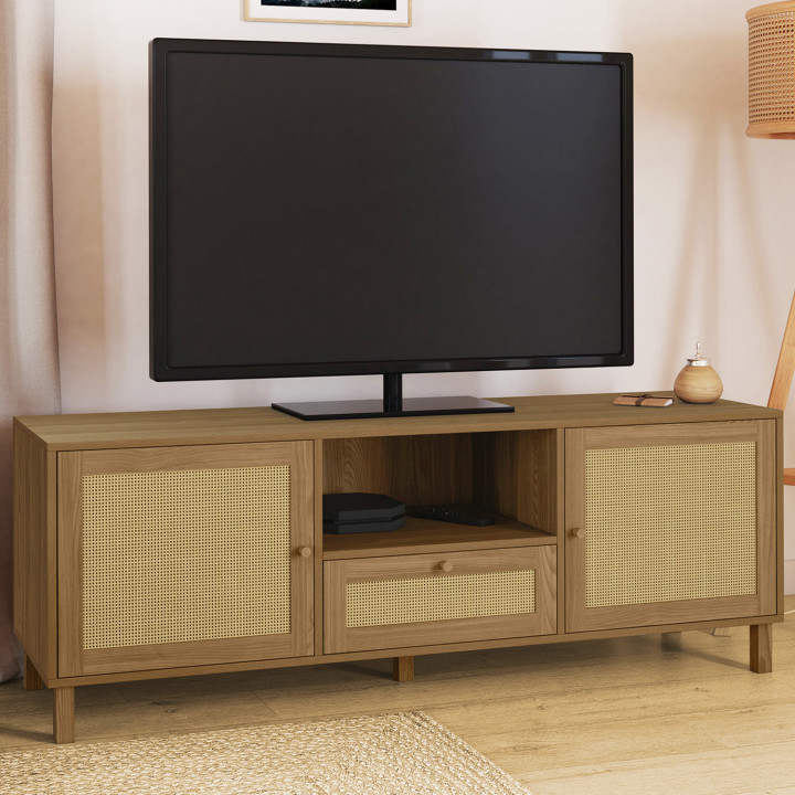 Mueble de TV vintage de 3 puertas de 140 cm con efecto de caña natural - HANAE | IdMarket
